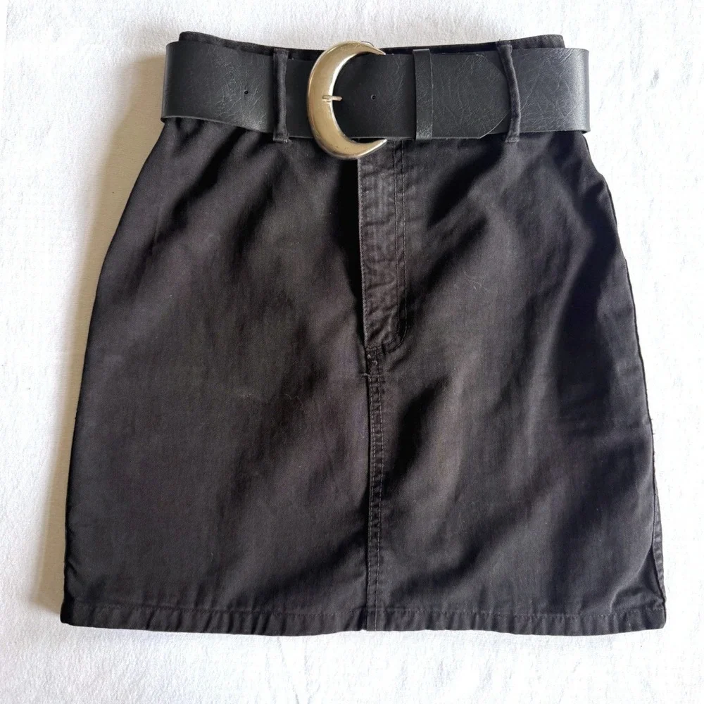 Vintage‎ Bongo Gene Montesano Black Denim Mini Skirt Y2K 90s Statement Belt